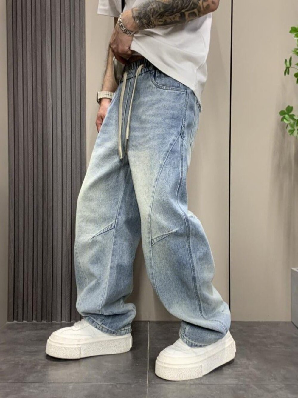 Men's Baggy Curved Wide Leg Jeans Elastic Drawstring Waist Light Wash Denim Size